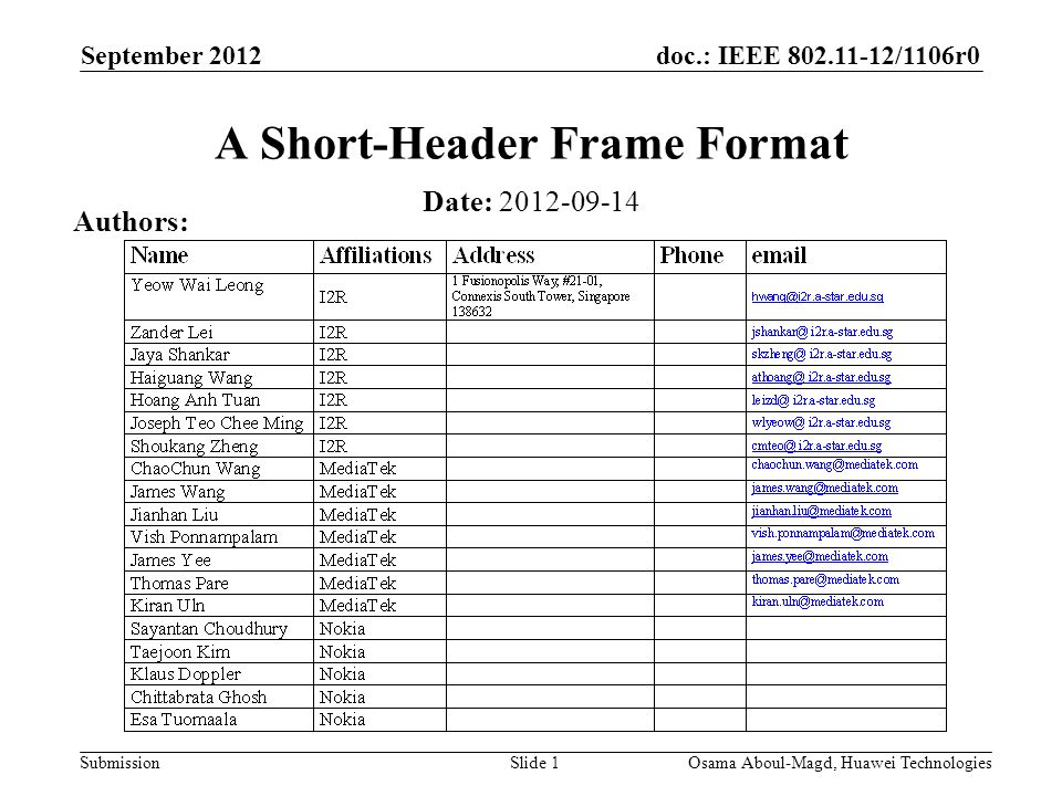 doc.: IEEE /1106r0 Submission September 2012 Osama Aboul-Magd, Huawei TechnologiesSlide 1 A Short-Header Frame Format Date: Authors: