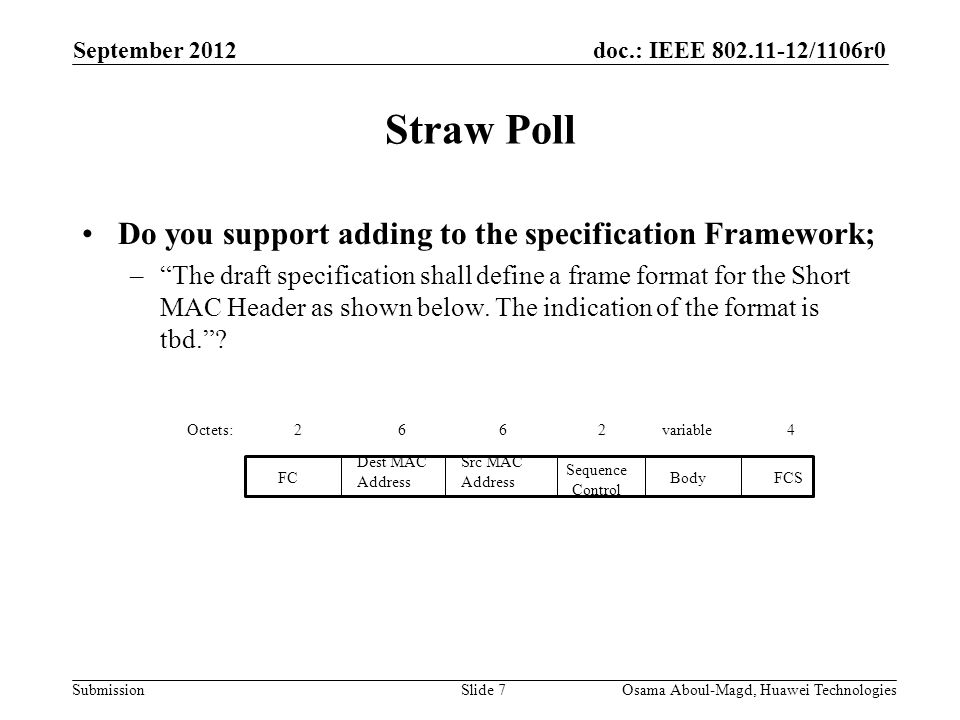 doc.: IEEE /1106r0 Submission Straw Poll Do you support adding to the specification Framework; – The draft specification shall define a frame format for the Short MAC Header as shown below.