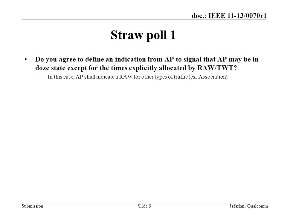 Submission doc.: IEEE 11-13/0070r1 Straw poll 1 Do you agree to define an indication from AP to signal that AP may be in doze state except for the times explicitly allocated by RAW/TWT.