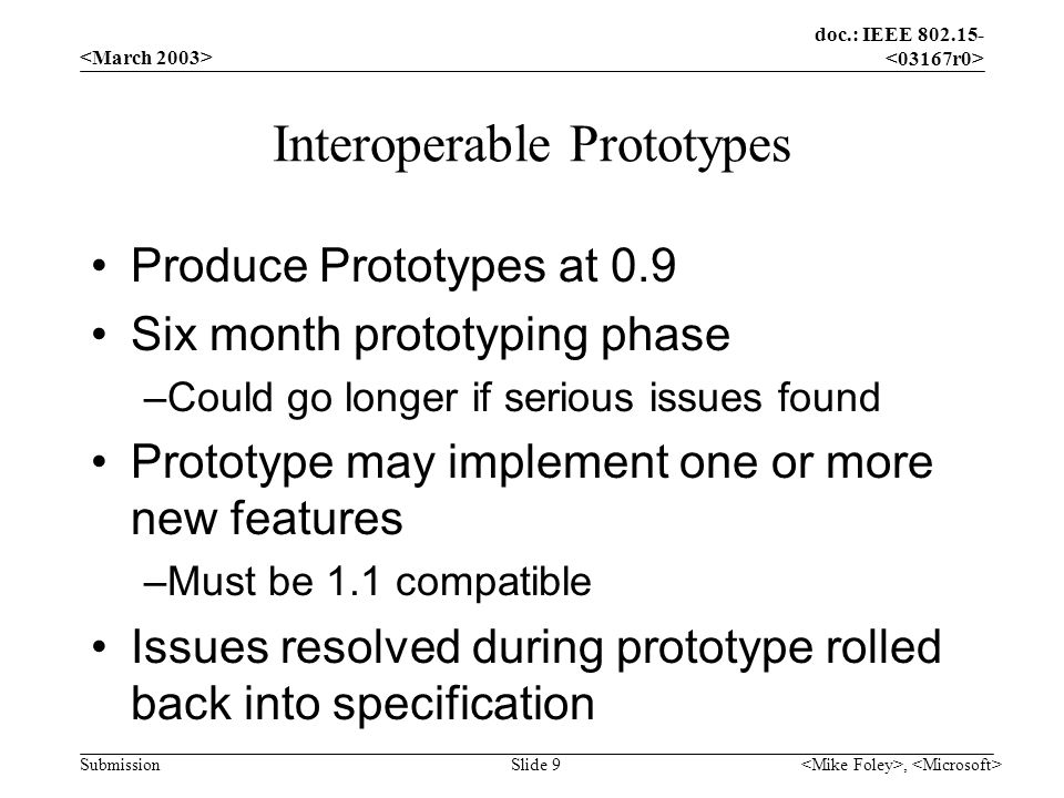 doc.: IEEE Submission, Slide 9 Interoperable Prototypes Produce Prototypes at 0.9 Six month prototyping phase –Could go longer if serious issues found Prototype may implement one or more new features –Must be 1.1 compatible Issues resolved during prototype rolled back into specification