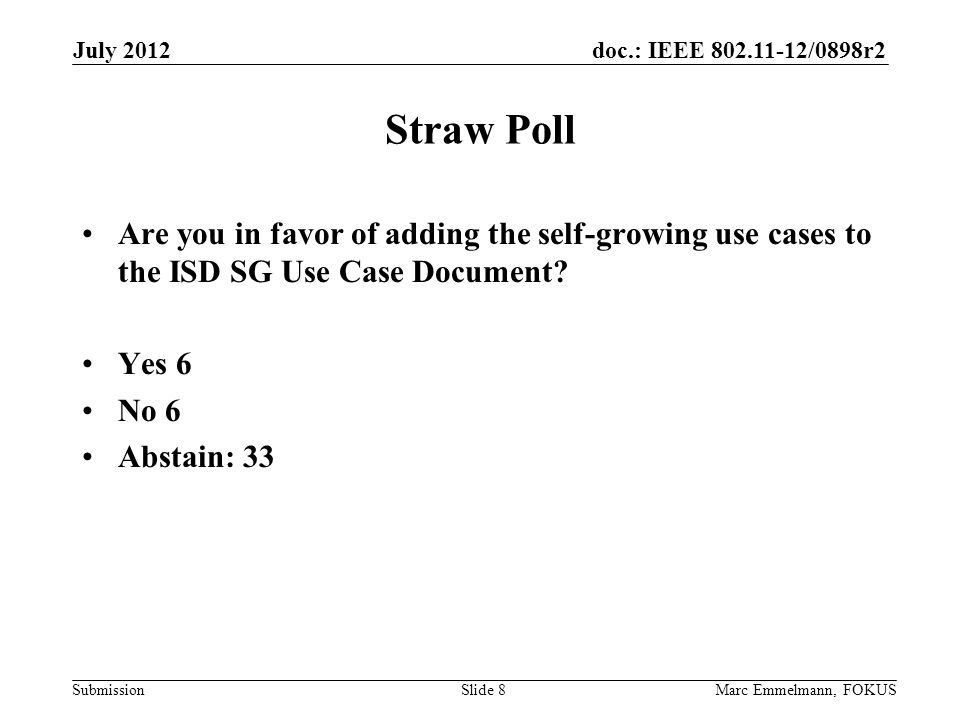 doc.: IEEE /0898r2 Submission Straw Poll Are you in favor of adding the self-growing use cases to the ISD SG Use Case Document.