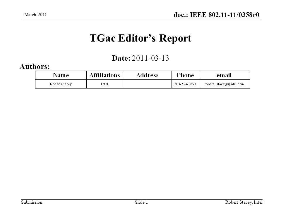 doc.: IEEE /0358r0 SubmissionRobert Stacey, Intel TGac Editor’s Report Date: Authors: Slide 1 March 2011