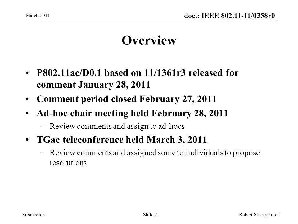 doc.: IEEE /0358r0 Submission Overview P802.11ac/D0.1 based on 11/1361r3 released for comment January 28, 2011 Comment period closed February 27, 2011 Ad-hoc chair meeting held February 28, 2011 –Review comments and assign to ad-hocs TGac teleconference held March 3, 2011 –Review comments and assigned some to individuals to propose resolutions March 2011 Robert Stacey, IntelSlide 2