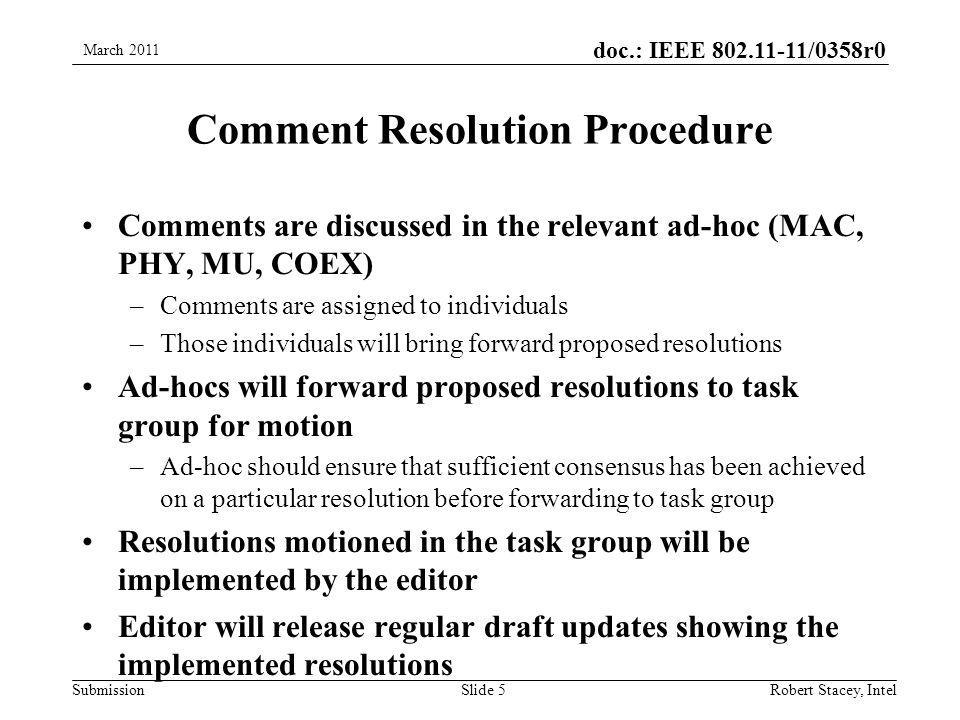 doc.: IEEE /0358r0 Submission Comment Resolution Procedure Comments are discussed in the relevant ad-hoc (MAC, PHY, MU, COEX) –Comments are assigned to individuals –Those individuals will bring forward proposed resolutions Ad-hocs will forward proposed resolutions to task group for motion –Ad-hoc should ensure that sufficient consensus has been achieved on a particular resolution before forwarding to task group Resolutions motioned in the task group will be implemented by the editor Editor will release regular draft updates showing the implemented resolutions March 2011 Robert Stacey, IntelSlide 5
