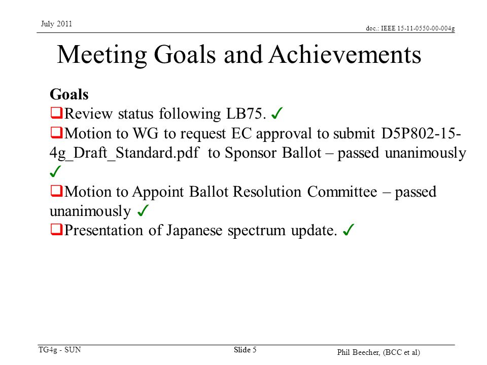 doc.: IEEE g TG4g - SUN July 2011 Phil Beecher, (BCC et al) Slide 5 Meeting Goals and Achievements Goals  Review status following LB75.