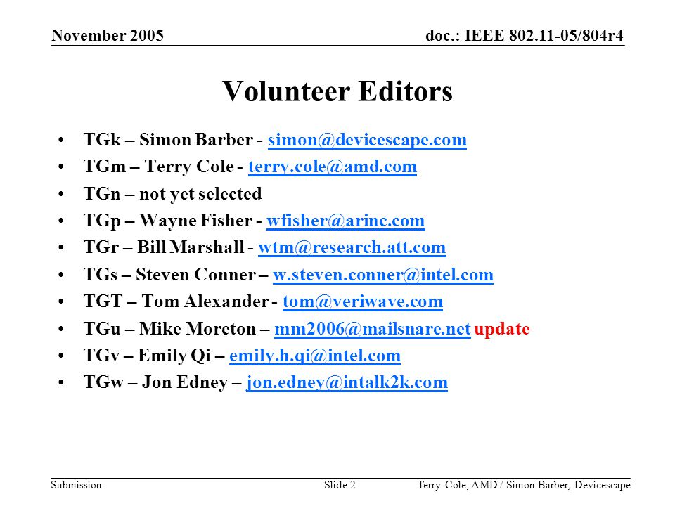 doc.: IEEE /804r4 Submission November 2005 Terry Cole, AMD / Simon Barber, DevicescapeSlide 2 Volunteer Editors TGk – Simon Barber - TGm – Terry Cole - TGn – not yet selected TGp – Wayne Fisher - TGr – Bill Marshall - TGs – Steven Conner – TGT – Tom Alexander - TGu – Mike Moreton –  TGv – Emily Qi – TGw – Jon Edney –