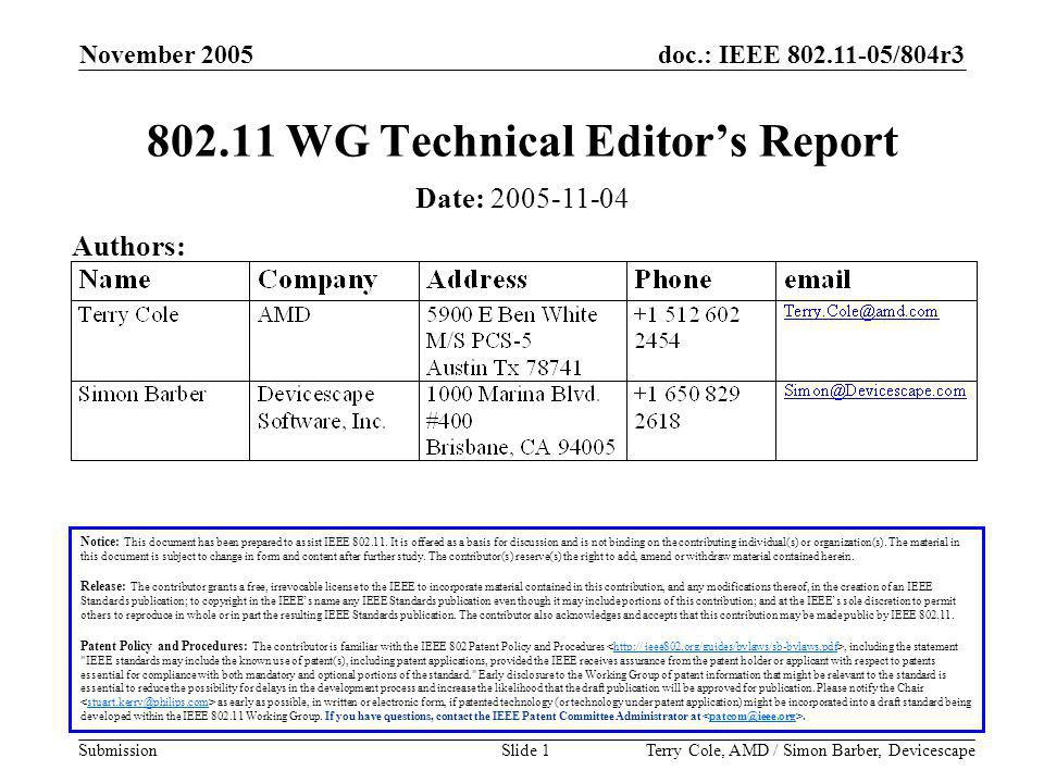 doc.: IEEE /804r3 Submission November 2005 Terry Cole, AMD / Simon Barber, DevicescapeSlide WG Technical Editor’s Report Notice: This document has been prepared to assist IEEE