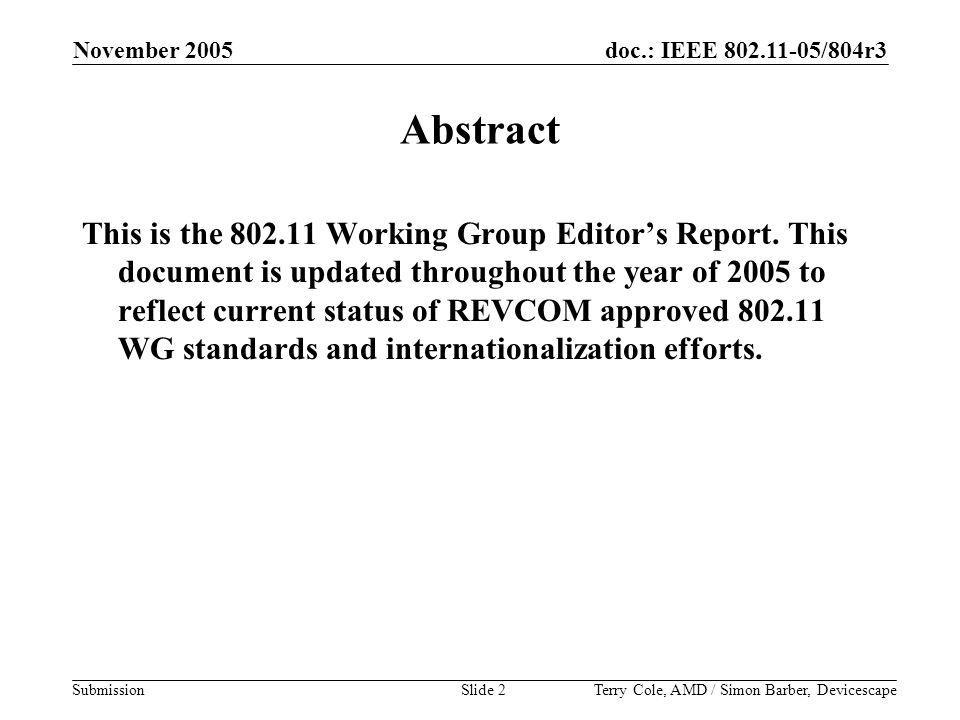 doc.: IEEE /804r3 Submission November 2005 Terry Cole, AMD / Simon Barber, DevicescapeSlide 2 Abstract This is the Working Group Editor’s Report.