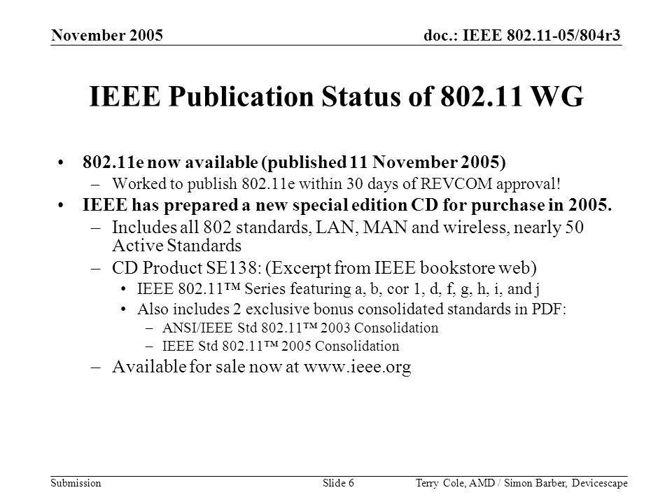 doc.: IEEE /804r3 Submission November 2005 Terry Cole, AMD / Simon Barber, DevicescapeSlide 6 IEEE Publication Status of WG e now available (published 11 November 2005) –Worked to publish e within 30 days of REVCOM approval.