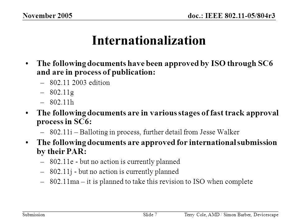 doc.: IEEE /804r3 Submission November 2005 Terry Cole, AMD / Simon Barber, DevicescapeSlide 7 Internationalization The following documents have been approved by ISO through SC6 and are in process of publication: – edition –802.11g –802.11h The following documents are in various stages of fast track approval process in SC6: –802.11i – Balloting in process, further detail from Jesse Walker The following documents are approved for international submission by their PAR: –802.11e - but no action is currently planned –802.11j - but no action is currently planned –802.11ma – it is planned to take this revision to ISO when complete
