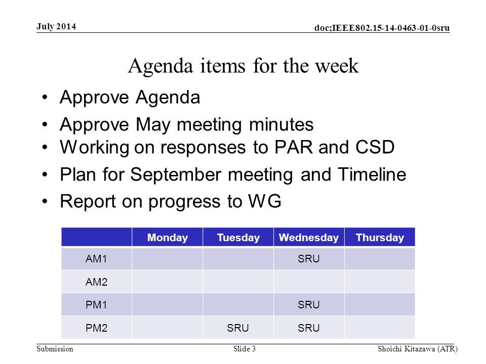 Submission doc;IEEE sru July 2014 Shoichi Kitazawa (ATR)Slide 3 Agenda items for the week Approve Agenda Approve May meeting minutes Working on responses to PAR and CSD Plan for September meeting and Timeline Report on progress to WG MondayTuesdayWednesdayThursday AM1SRU AM2 PM1SRU PM2SRU