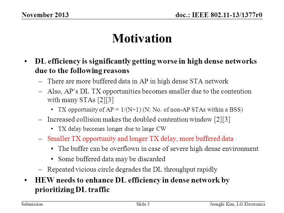 doc.: IEEE /1377r0 Submission Motivation DL efficiency is significantly getting worse in high dense networks due to the following reasons –There are more buffered data in AP in high dense STA network –Also, AP’s DL TX opportunities becomes smaller due to the contention with many STAs [2][3] TX opportunity of AP = 1/(N+1) (N: No.