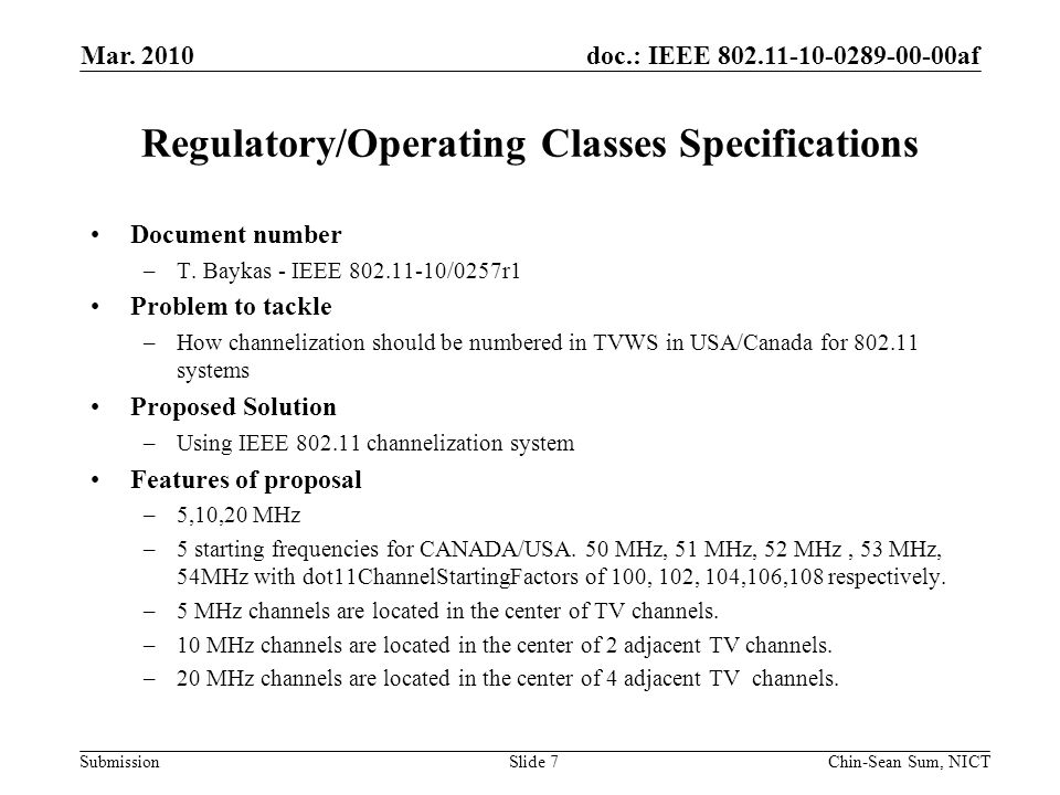 doc.: IEEE af Submission Regulatory/Operating Classes Specifications Document number –T.