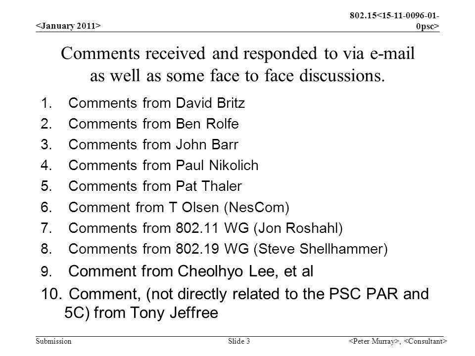 Submission, Slide 3 Comments received and responded to via  as well as some face to face discussions.