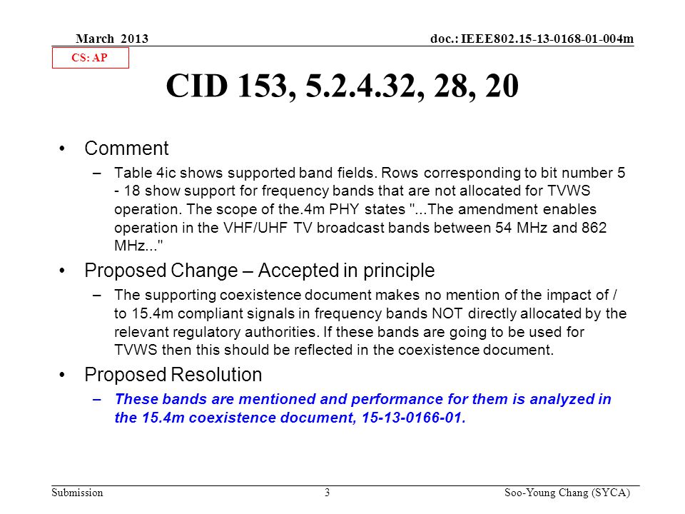 March 2013 doc.: IEEE m Submission 3 Soo-Young Chang (SYCA) CID 153, , 28, 20 Comment –Table 4ic shows supported band fields.