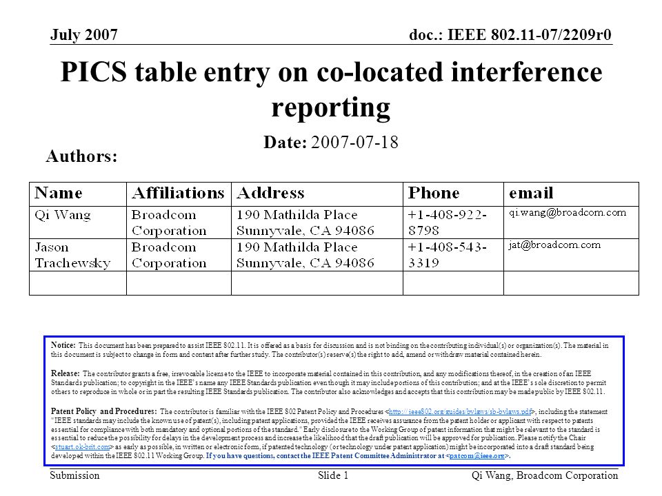 doc.: IEEE /2209r0 Submission July 2007 Qi Wang, Broadcom CorporationSlide 1 PICS table entry on co-located interference reporting Date: Authors: Notice: This document has been prepared to assist IEEE