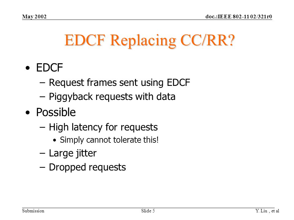 doc.:IEEE /321r0 Submission May 2002 Y. Liu, et al Slide 5 EDCF Replacing CC/RR.