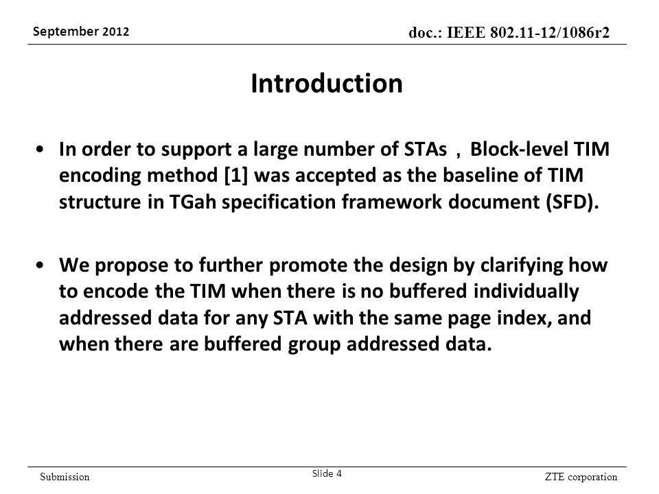 ZTE corporation doc.: IEEE /1086r2 September 2012 Submission Introduction In order to support a large number of STAs ， Block-level TIM encoding method [1] was accepted as the baseline of TIM structure in TGah specification framework document (SFD).