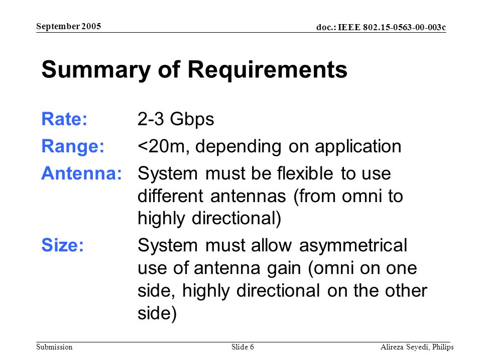 doc.: IEEE c Submission September 2005 Alireza Seyedi, PhilipsSlide 6 Summary of Requirements Rate: 2-3 Gbps Range: <20m, depending on application Antenna: System must be flexible to use different antennas (from omni to highly directional) Size: System must allow asymmetrical use of antenna gain (omni on one side, highly directional on the other side)