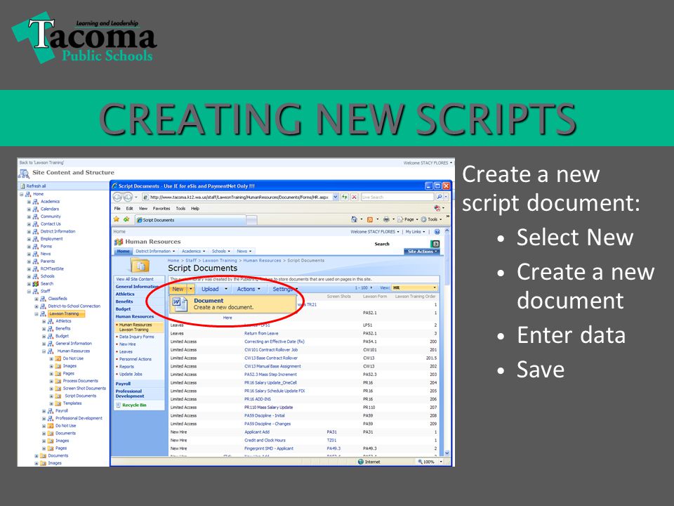 Create a new script document: Select New Create a new document Enter data Save CREATING NEW SCRIPTS