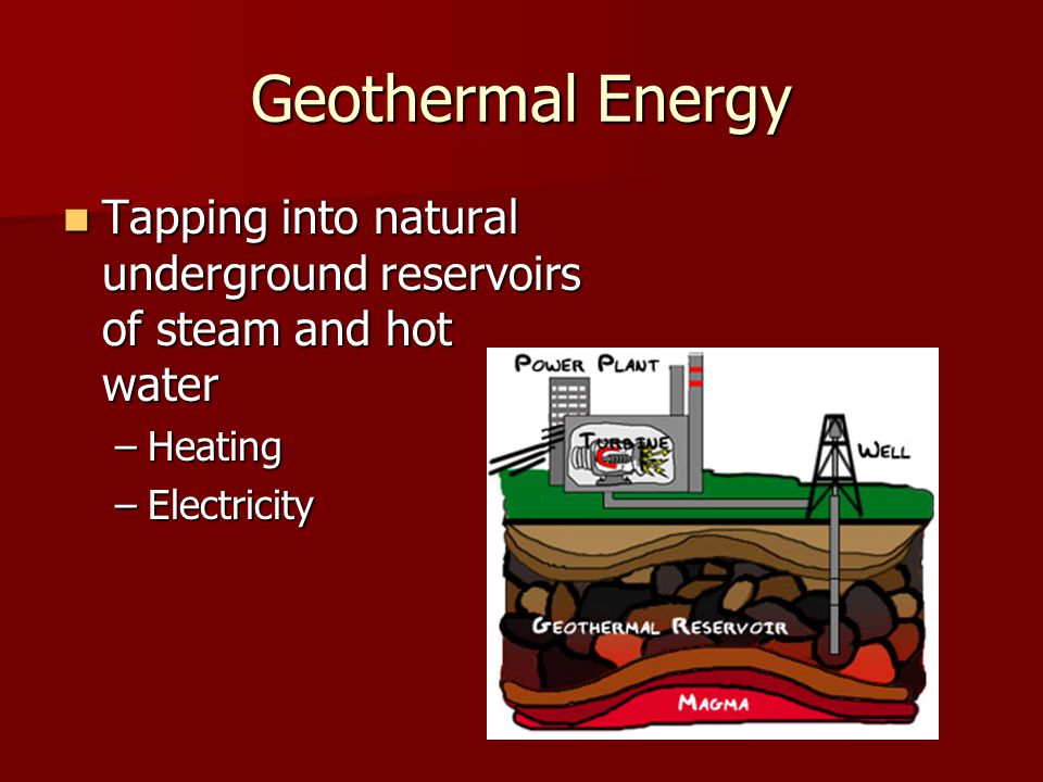 Geothermal Energy Tapping into natural underground reservoirs of steam and hot water Tapping into natural underground reservoirs of steam and hot water –Heating –Electricity