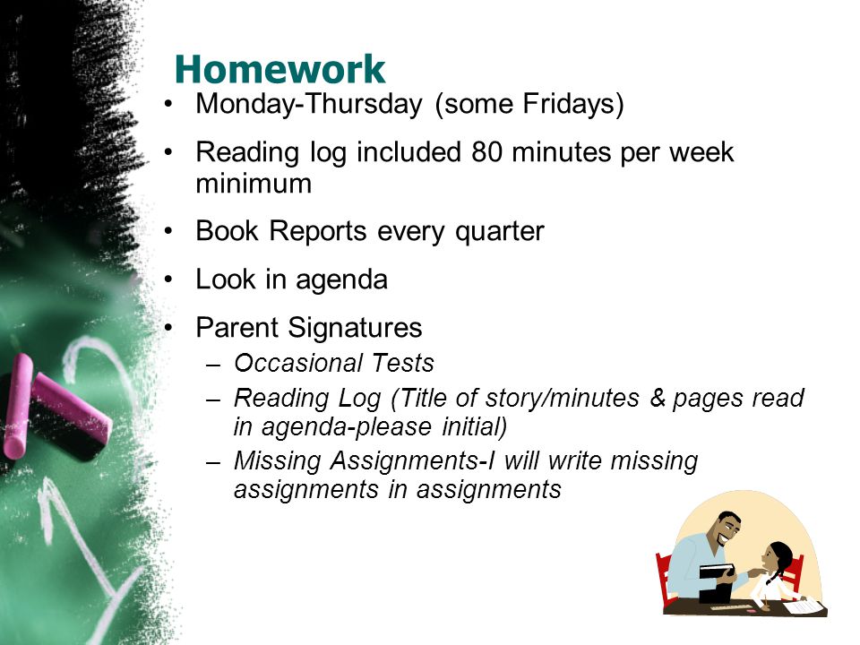 Homework Monday-Thursday (some Fridays) Reading log included 80 minutes per week minimum Book Reports every quarter Look in agenda Parent Signatures –Occasional Tests –Reading Log (Title of story/minutes & pages read in agenda-please initial) –Missing Assignments-I will write missing assignments in assignments