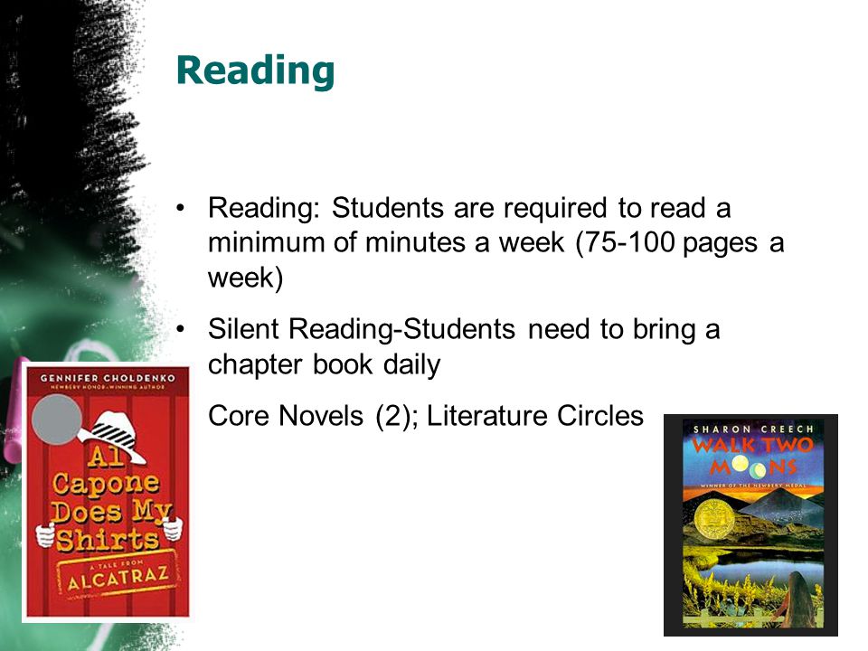 Reading Reading: Students are required to read a minimum of minutes a week ( pages a week) Silent Reading-Students need to bring a chapter book daily Core Novels (2); Literature Circles