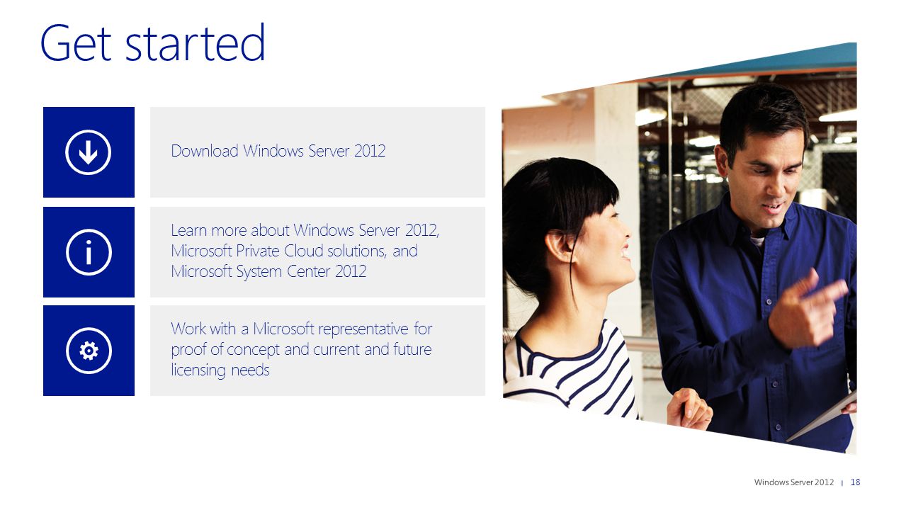 18 Download Windows Server 2012 Learn more about Windows Server 2012, Microsoft Private Cloud solutions, and Microsoft System Center 2012 Work with a Microsoft representative for proof of concept and current and future licensing needs