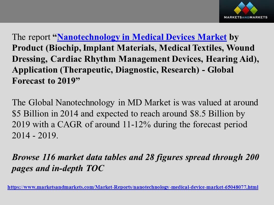 The report Nanotechnology in Medical Devices Market by Product (Biochip, Implant Materials, Medical Textiles, Wound Dressing, Cardiac Rhythm Management Devices, Hearing Aid), Application (Therapeutic, Diagnostic, Research) - Global Forecast to 2019 Nanotechnology in Medical Devices Market The Global Nanotechnology in MD Market is was valued at around $5 Billion in 2014 and expected to reach around $8.5 Billion by 2019 with a CAGR of around 11-12% during the forecast period