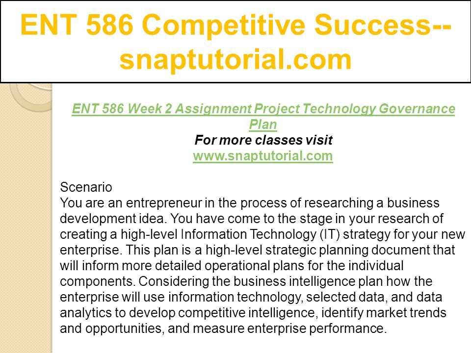 ENT 586 Week 2 Assignment Project Technology Governance Plan For more classes visit   Scenario You are an entrepreneur in the process of researching a business development idea.