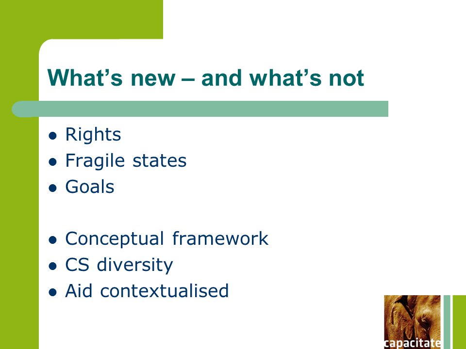What’s new – and what’s not Rights Fragile states Goals Conceptual framework CS diversity Aid contextualised