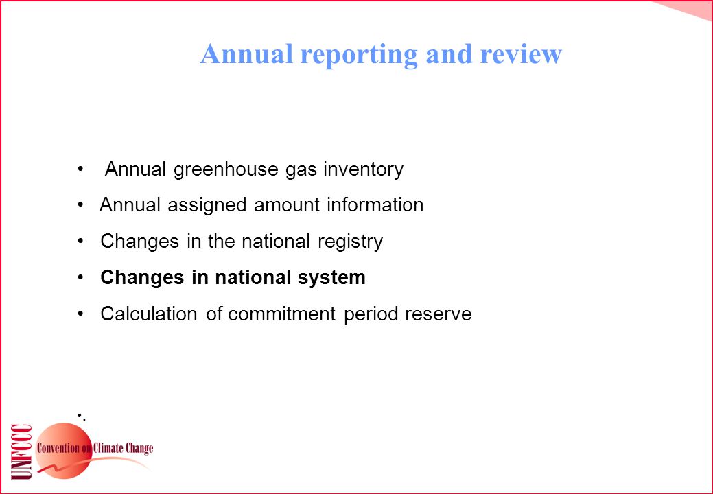 Annual reporting and review Annual greenhouse gas inventory Annual assigned amount information Changes in the national registry Changes in national system Calculation of commitment period reserve.