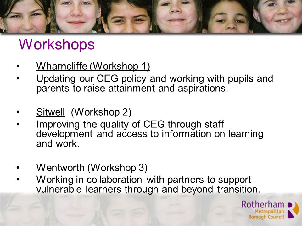 Workshops Wharncliffe (Workshop 1) Updating our CEG policy and working with pupils and parents to raise attainment and aspirations.