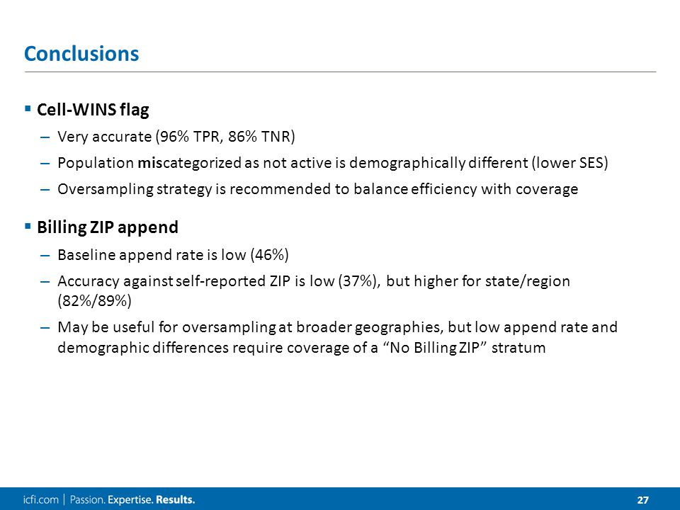 27 Conclusions  Cell-WINS flag – Very accurate (96% TPR, 86% TNR) – Population miscategorized as not active is demographically different (lower SES) – Oversampling strategy is recommended to balance efficiency with coverage  Billing ZIP append – Baseline append rate is low (46%) – Accuracy against self-reported ZIP is low (37%), but higher for state/region (82%/89%) – May be useful for oversampling at broader geographies, but low append rate and demographic differences require coverage of a No Billing ZIP stratum