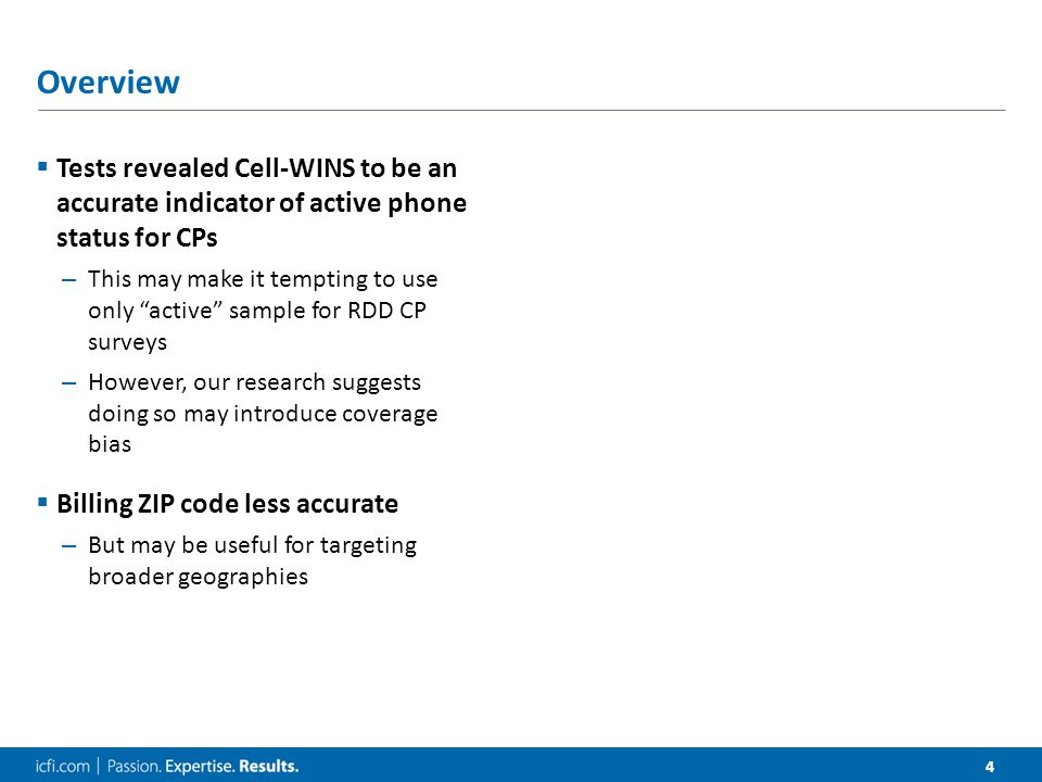 4 Overview  Tests revealed Cell-WINS to be an accurate indicator of active phone status for CPs – This may make it tempting to use only active sample for RDD CP surveys – However, our research suggests doing so may introduce coverage bias  Billing ZIP code less accurate – But may be useful for targeting broader geographies