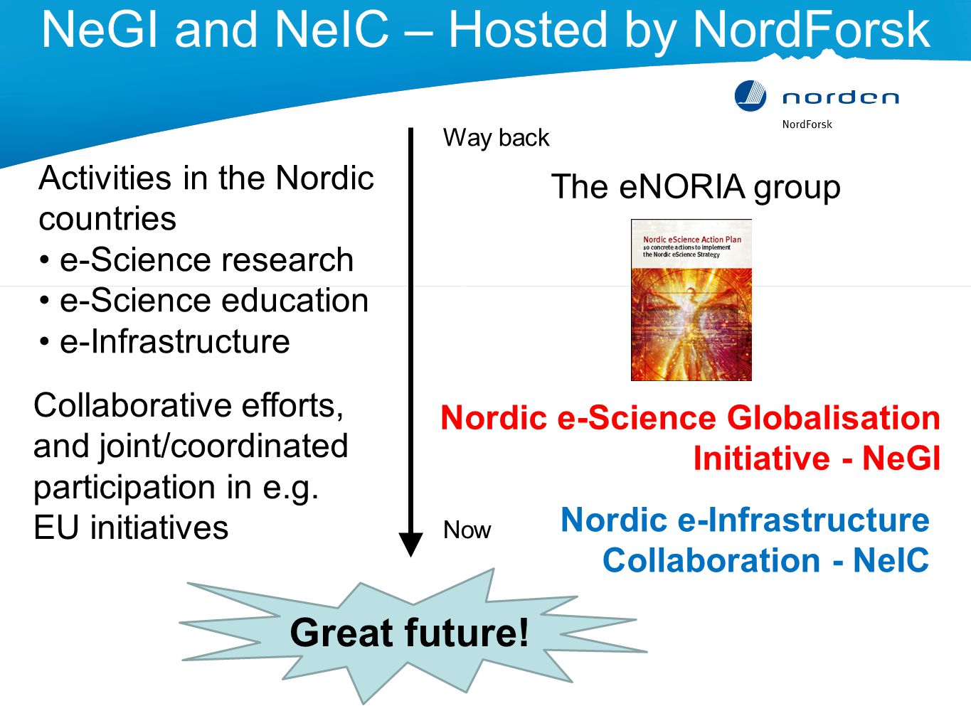 NeGI and NeIC – Hosted by NordForsk Activities in the Nordic countries e-Science research e-Science education e-Infrastructure Collaborative efforts, and joint/coordinated participation in e.g.