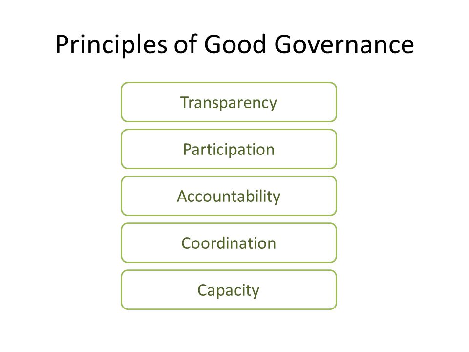 Principles of Good Governance Transparency Participation Accountability Coordination Capacity