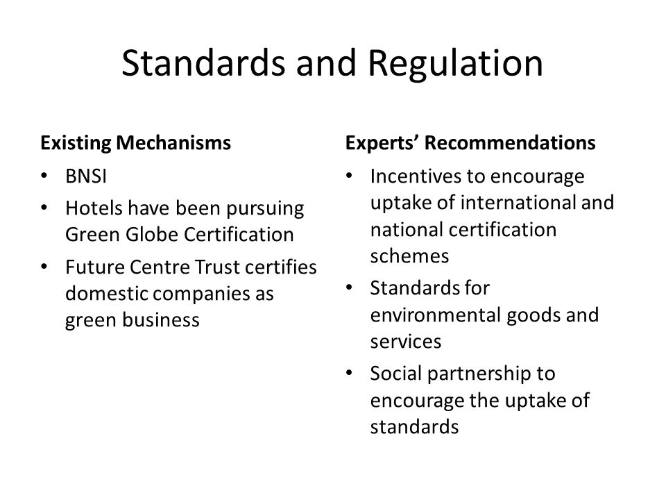 Standards and Regulation Existing Mechanisms BNSI Hotels have been pursuing Green Globe Certification Future Centre Trust certifies domestic companies as green business Experts’ Recommendations Incentives to encourage uptake of international and national certification schemes Standards for environmental goods and services Social partnership to encourage the uptake of standards
