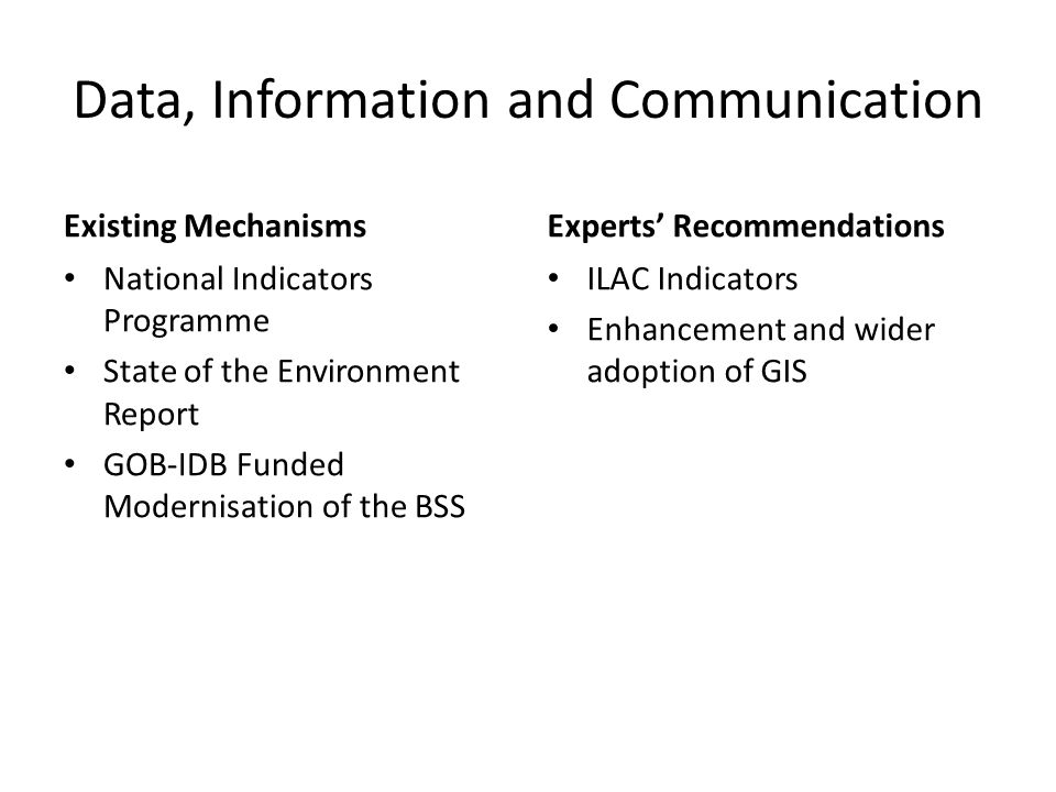 Data, Information and Communication Existing Mechanisms National Indicators Programme State of the Environment Report GOB-IDB Funded Modernisation of the BSS Experts’ Recommendations ILAC Indicators Enhancement and wider adoption of GIS