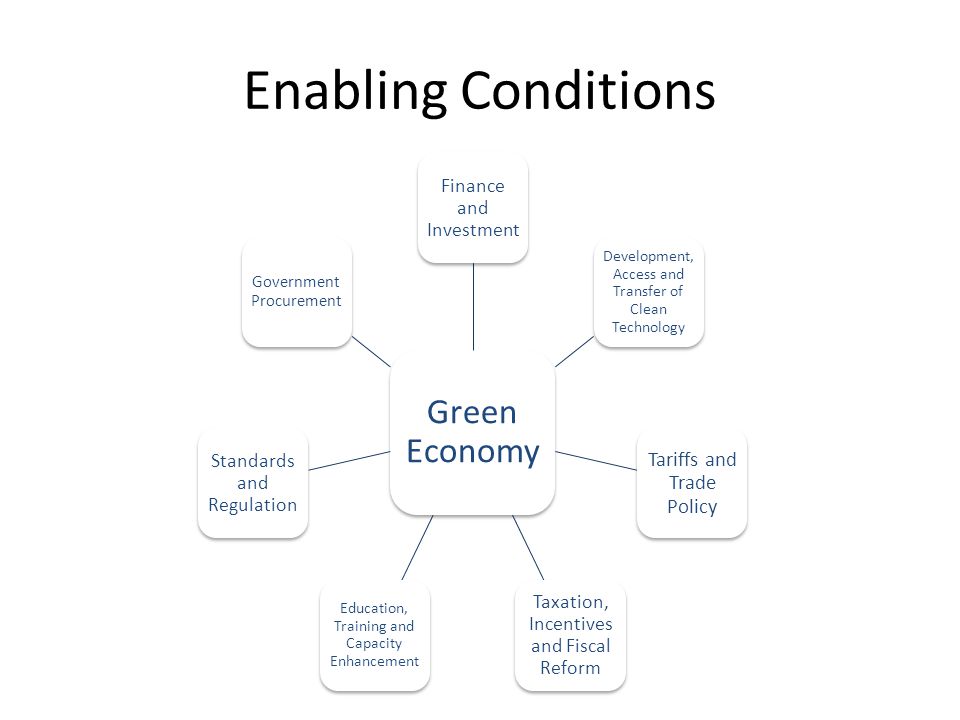 Enabling Conditions Green Economy Finance and Investment Development, Access and Transfer of Clean Technology Tariffs and Trade Policy Taxation, Incentives and Fiscal Reform Education, Training and Capacity Enhancement Standards and Regulation Government Procurement