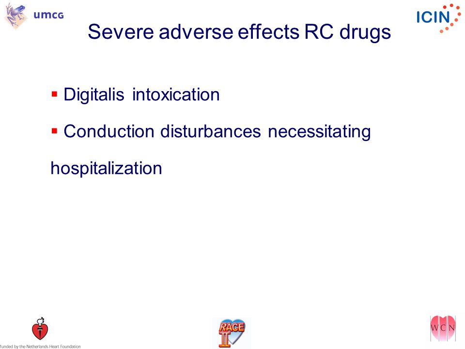 Severe adverse effects RC drugs  Digitalis intoxication  Conduction disturbances necessitating hospitalization