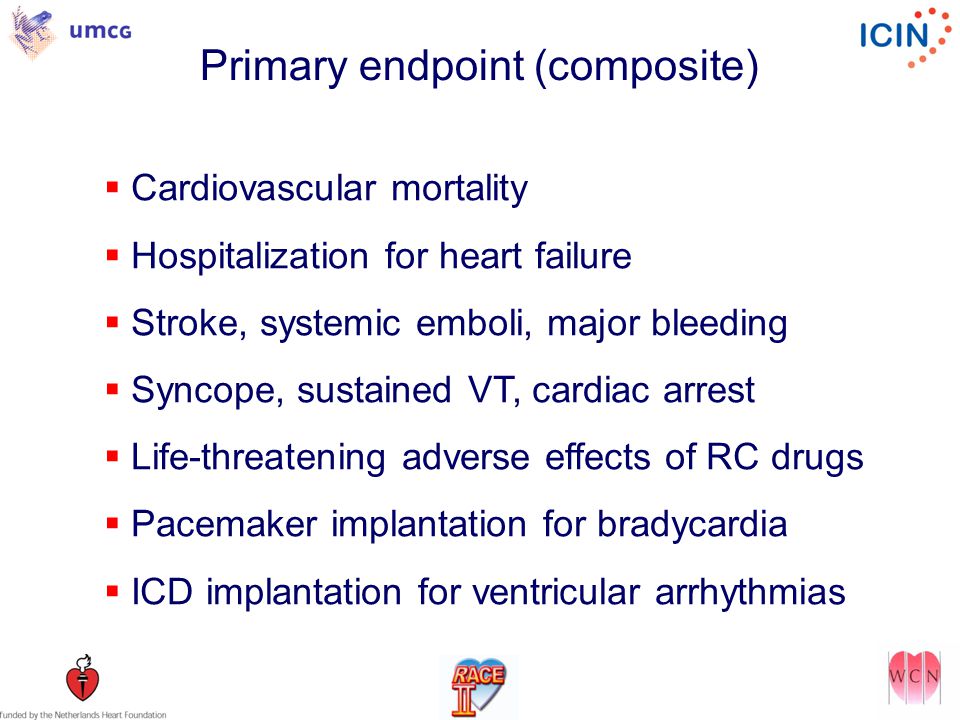 Primary endpoint (composite)  Cardiovascular mortality  Hospitalization for heart failure  Stroke, systemic emboli, major bleeding  Syncope, sustained VT, cardiac arrest  Life-threatening adverse effects of RC drugs  Pacemaker implantation for bradycardia  ICD implantation for ventricular arrhythmias