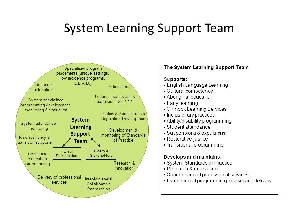 System Learning Support Team The System Learning Support Team Supports: English Language Learning Cultural competency Aboriginal education Early learning Chinook Learning Services Inclusionary practices Ability/disability programming Student attendance Suspensions & expulsions Restorative justice Transitional programming Develops and maintains: System Standards of Practice Research & innovation Coordination of professional services Evaluation of programming and service delivery System Learning Support Team Internal Stakeholders External Stakeholders Specialized program placements (unique settings, low incidence programs, L.E.A.D.) Delivery of professional services System suspensions & expulsions Gr.