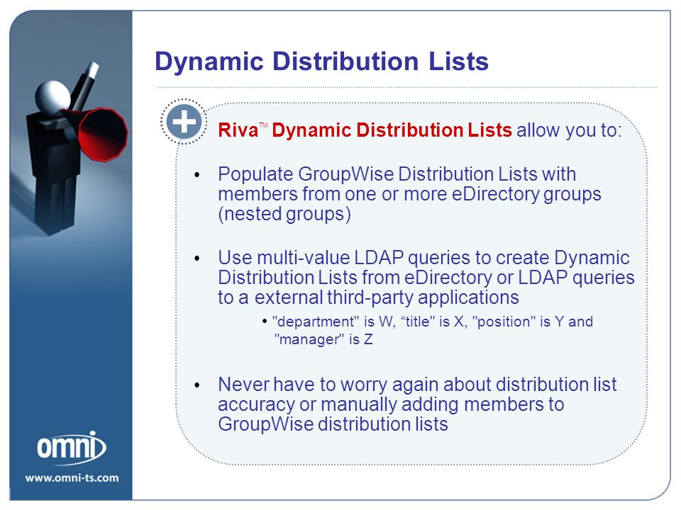 Riva TM Dynamic Distribution Lists allow you to: Populate GroupWise Distribution Lists with members from one or more eDirectory groups (nested groups) Use multi-value LDAP queries to create Dynamic Distribution Lists from eDirectory or LDAP queries to a external third-party applications department is W, title is X, position is Y and manager is Z Never have to worry again about distribution list accuracy or manually adding members to GroupWise distribution lists Riva Dynamic Distribution Lists Dynamic Distribution Lists