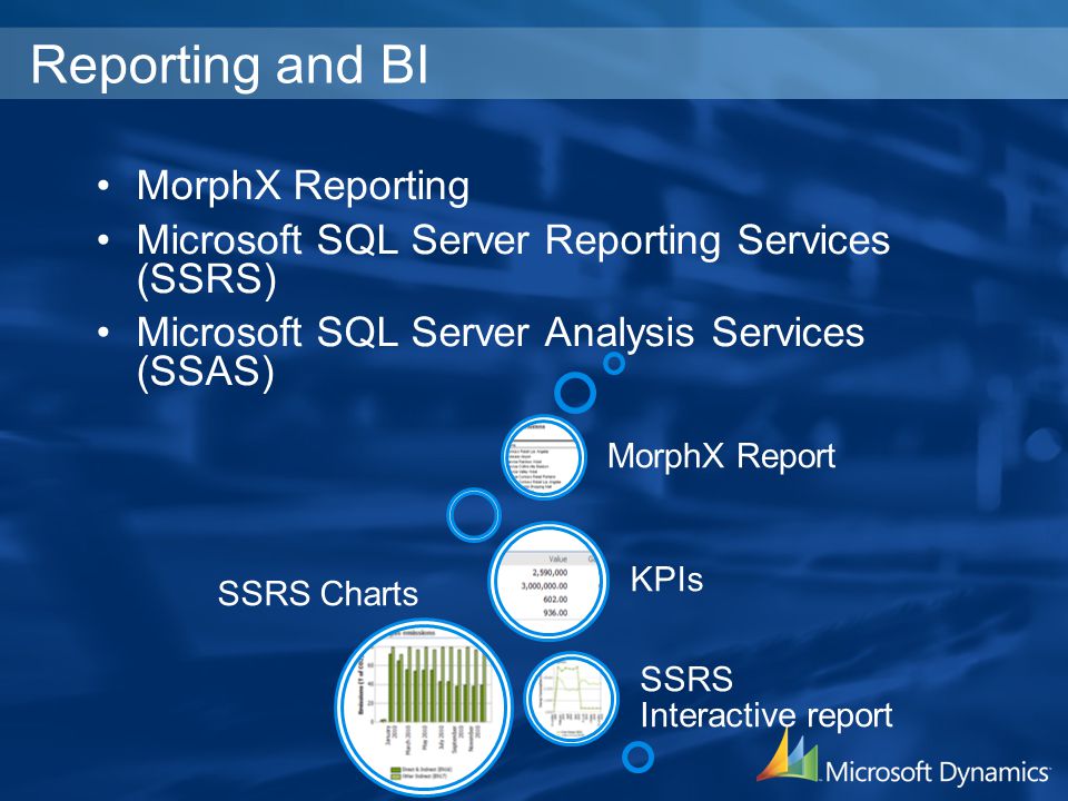 MorphX Reporting Microsoft SQL Server Reporting Services (SSRS) Microsoft SQL Server Analysis Services (SSAS) Reporting and BI SSRS Charts SSRS Interactive report KPIs MorphX Report