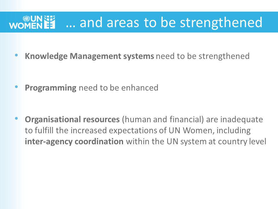 Knowledge Management systems need to be strengthened Programming need to be enhanced Organisational resources (human and financial) are inadequate to fulfill the increased expectations of UN Women, including inter-agency coordination within the UN system at country level … and areas to be strengthened