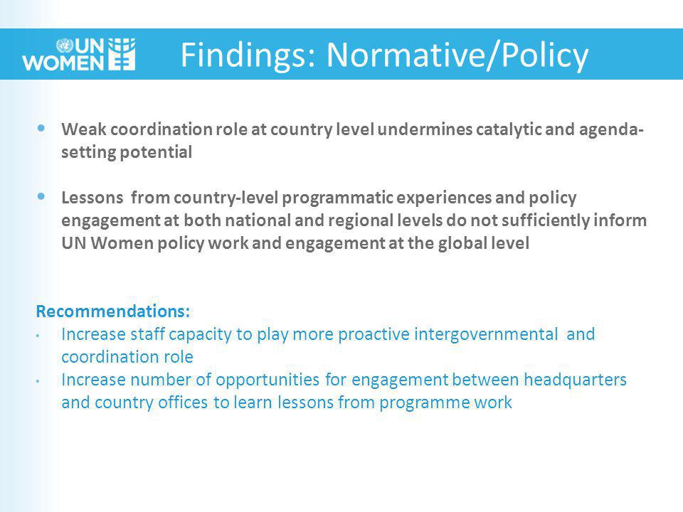 Weak coordination role at country level undermines catalytic and agenda- setting potential Lessons from country-level programmatic experiences and policy engagement at both national and regional levels do not sufficiently inform UN Women policy work and engagement at the global level Recommendations: Increase staff capacity to play more proactive intergovernmental and coordination role Increase number of opportunities for engagement between headquarters and country offices to learn lessons from programme work Findings: Normative/Policy