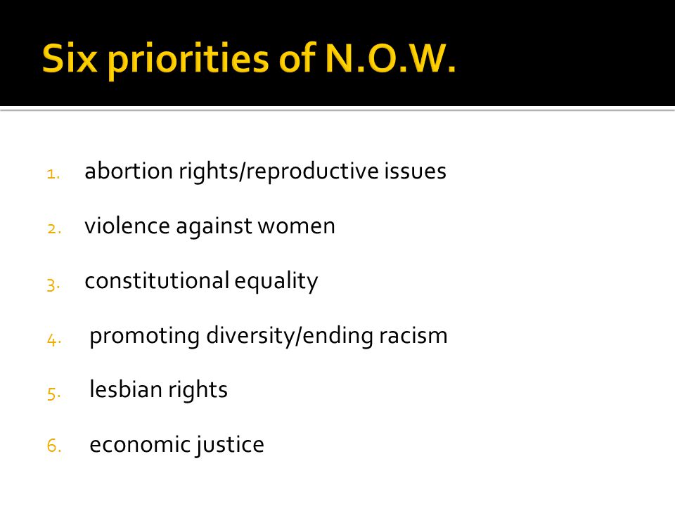 1. abortion rights/reproductive issues 2. violence against women 3.