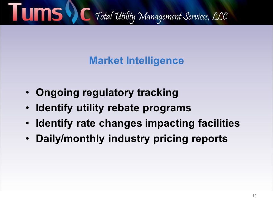 11 Market Intelligence Ongoing regulatory tracking Identify utility rebate programs Identify rate changes impacting facilities Daily/monthly industry pricing reports