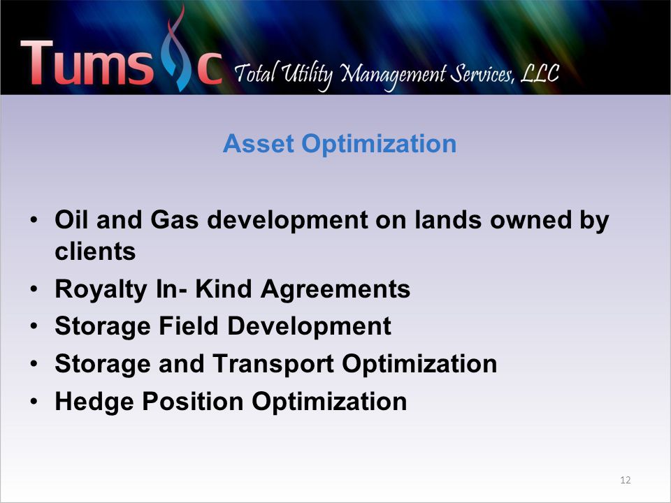 12 Asset Optimization Oil and Gas development on lands owned by clients Royalty In- Kind Agreements Storage Field Development Storage and Transport Optimization Hedge Position Optimization